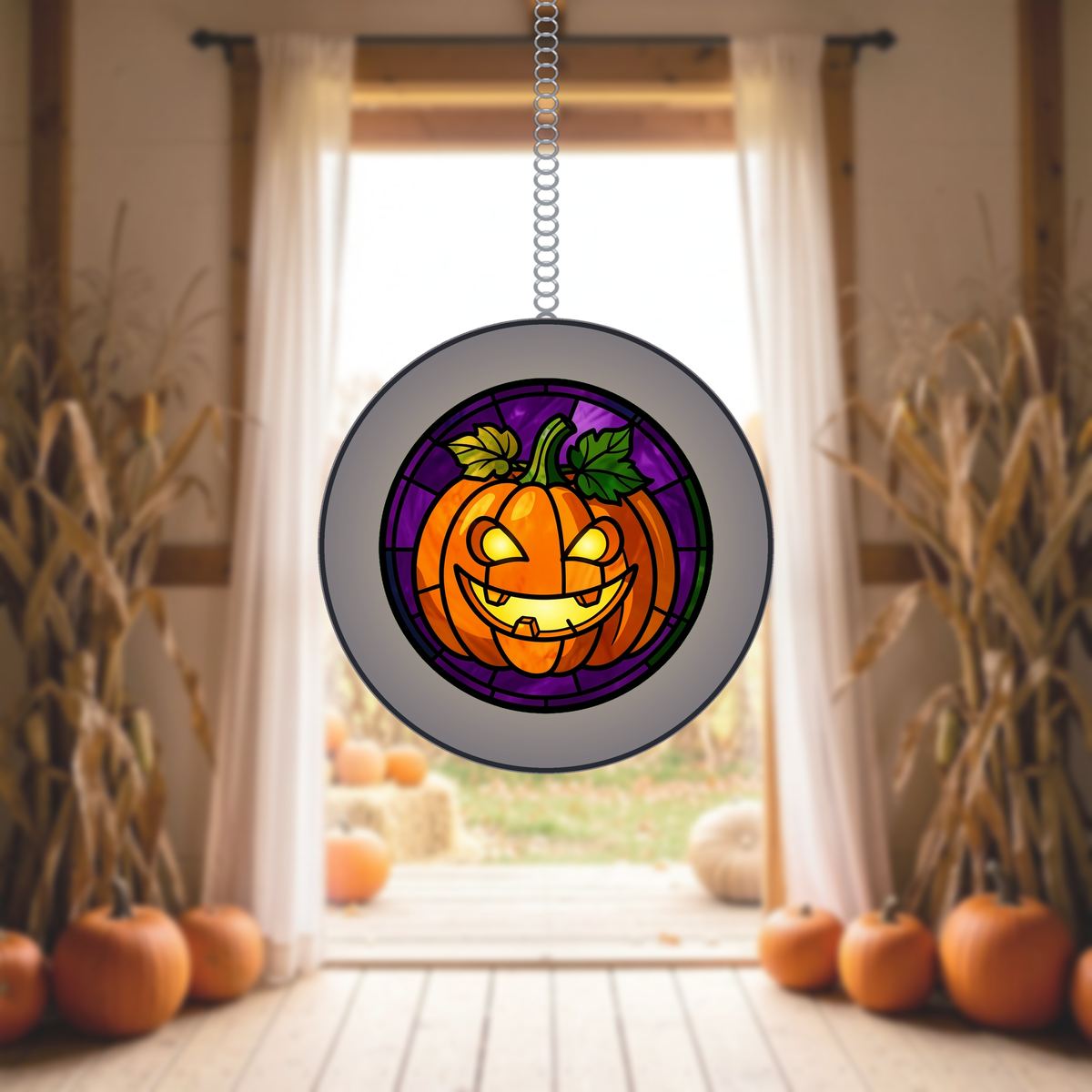 Jack O Lantern Grin Circle Stained Glass Suncatcher