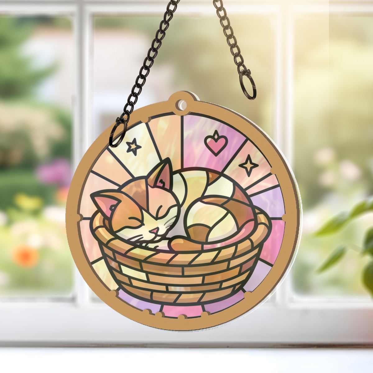 Sleeping Kitten Basket Circle Window Hanging Suncatcher