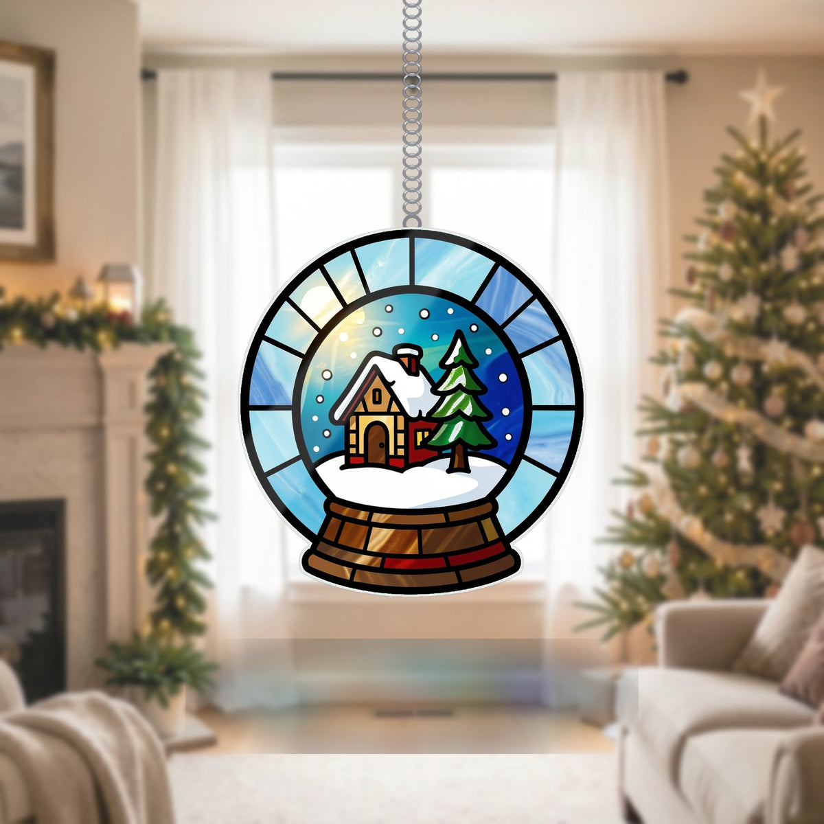 Snow Globe Cabin Circle Wavy Acrylic Suncatcher Ornament