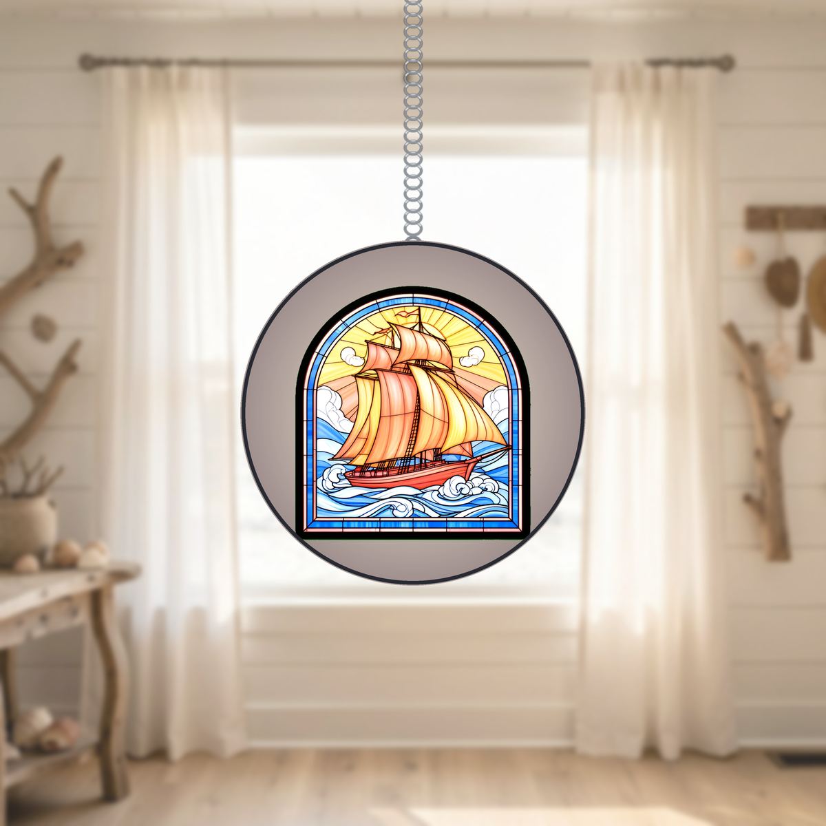 Sailboat Harbor Arch Stained Glass Suncatcher