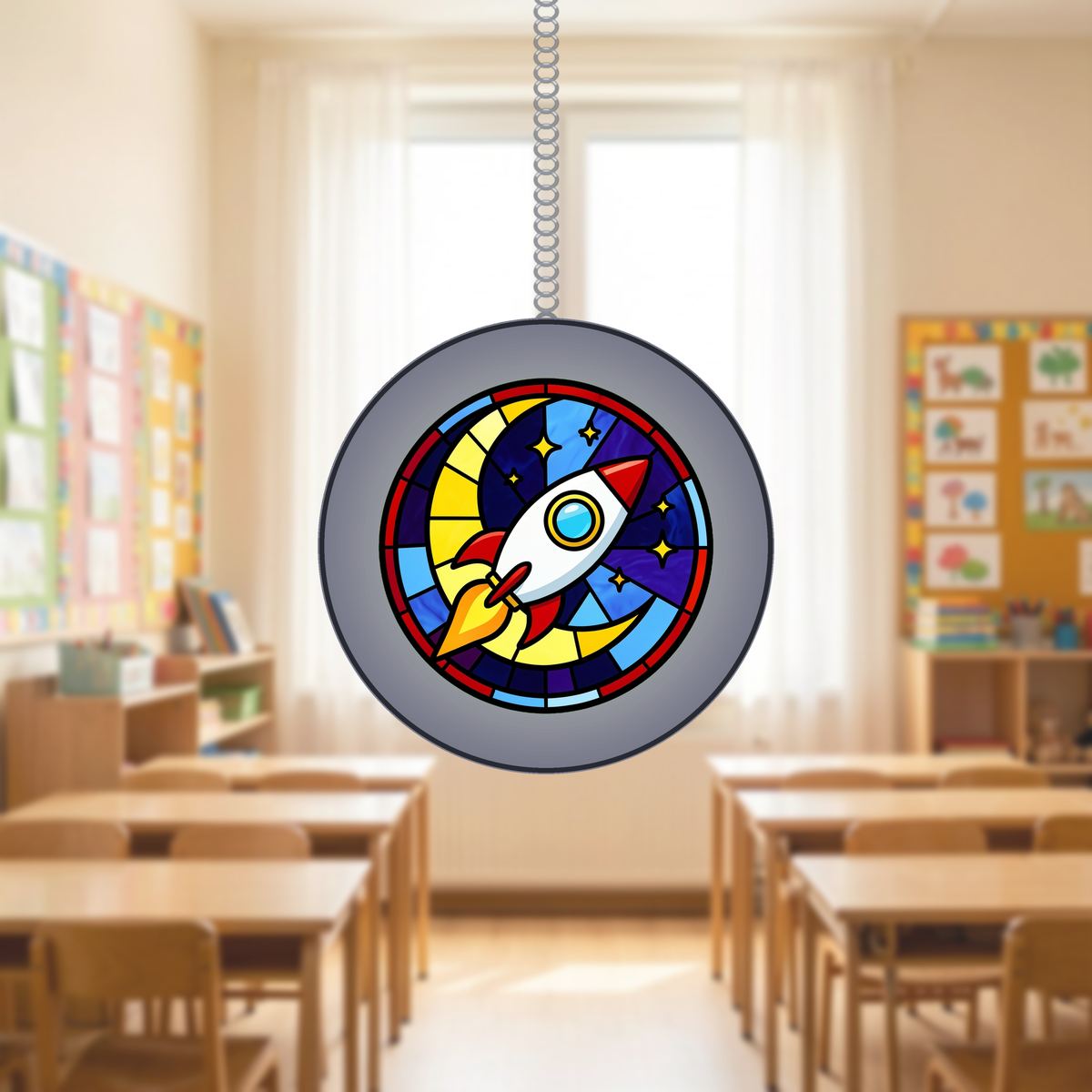 Rocket Ship Stars Circle Stained Glass Suncatcher