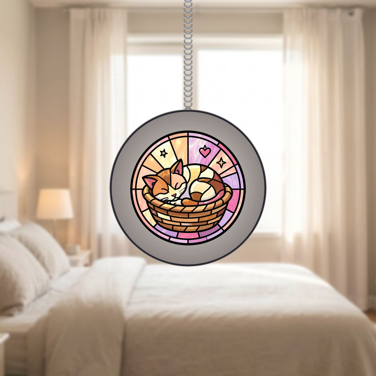 Sleeping Kitten Basket Circle Stained Glass Suncatcher