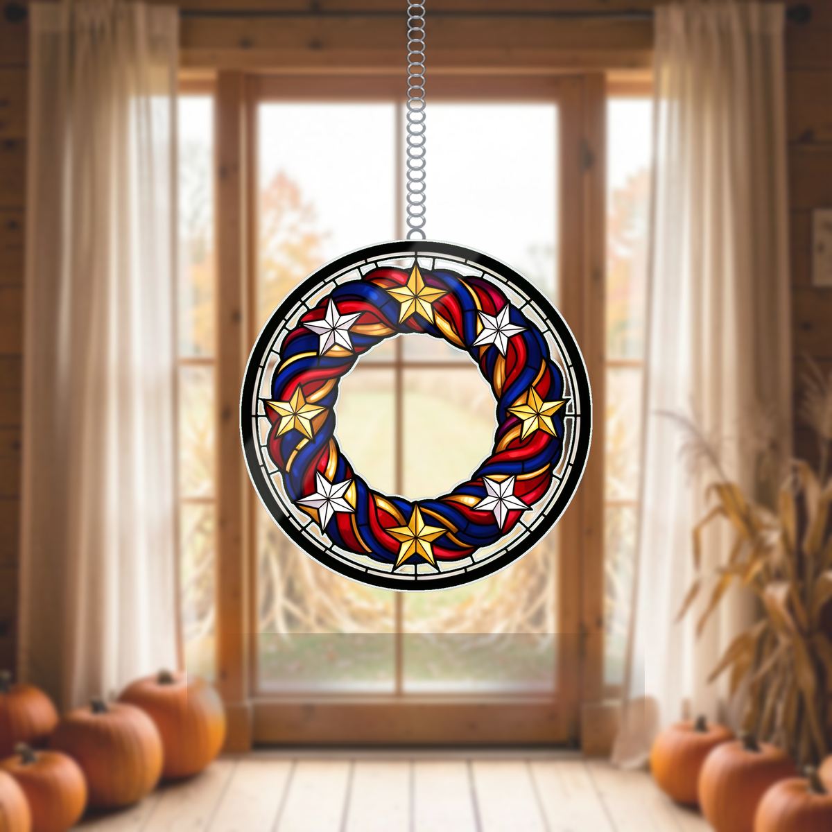 Patriotic Star Wreath Wavy Acrylic Suncatcher Ornament