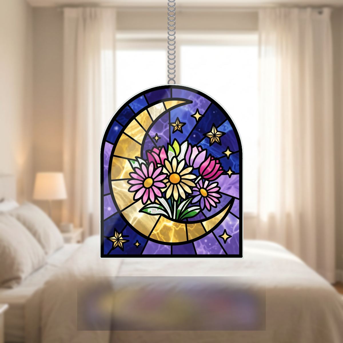Crescent Moon Wildflowers Arch Wavy Acrylic Suncatcher Ornament
