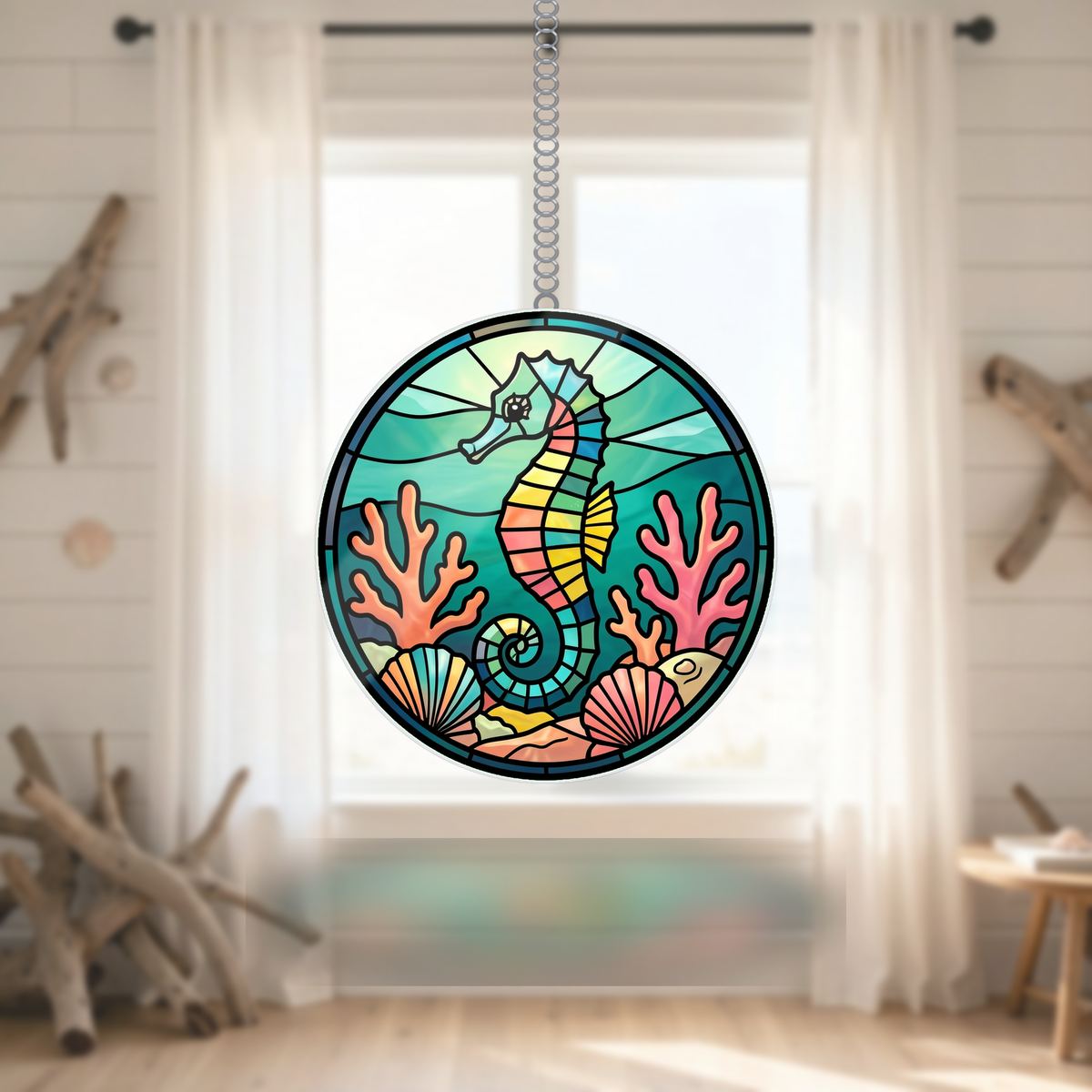 Seahorse Coral Reef Circle Wavy Acrylic Suncatcher Ornament