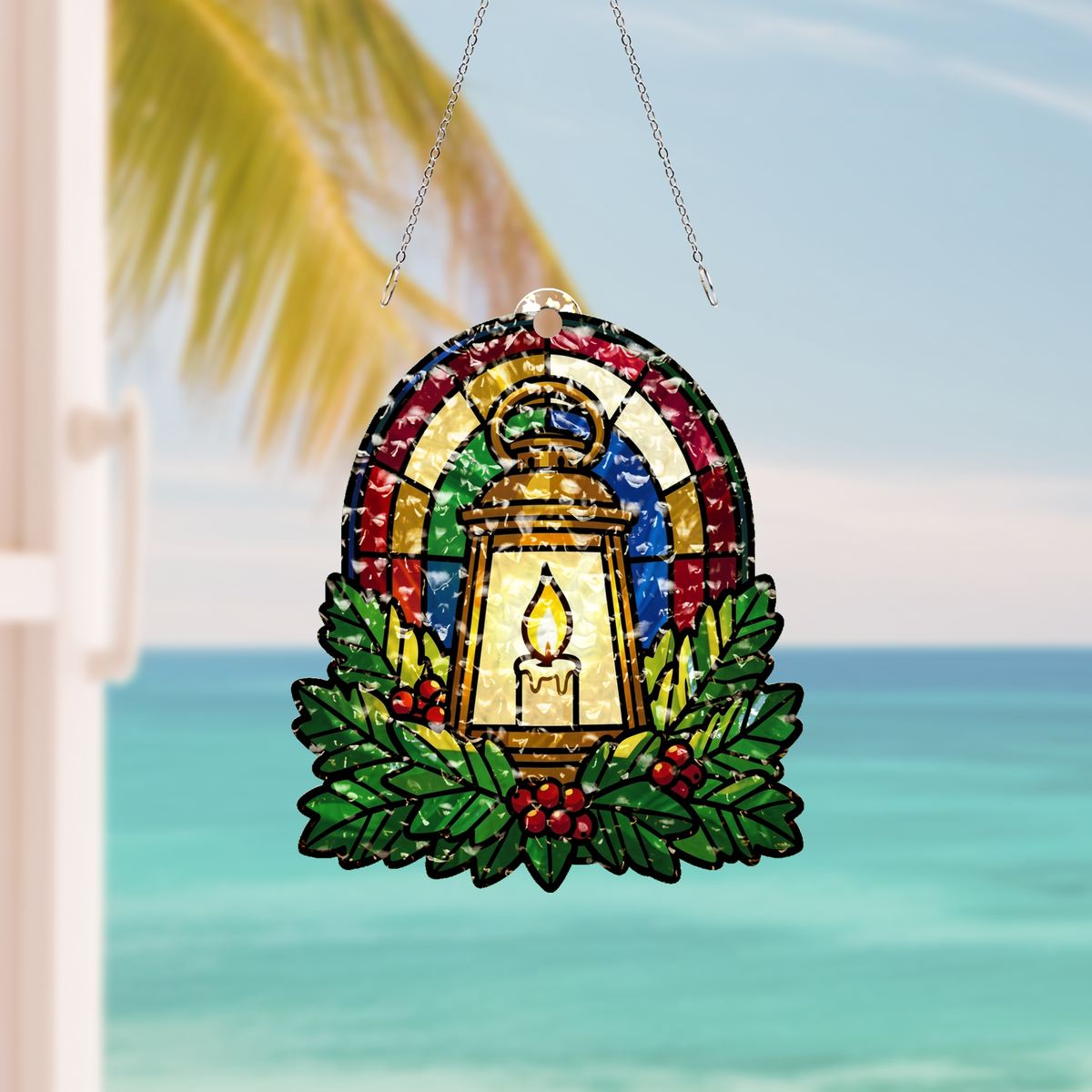 Holiday Lantern Evergreen Arch Water Ripple Suncatcher