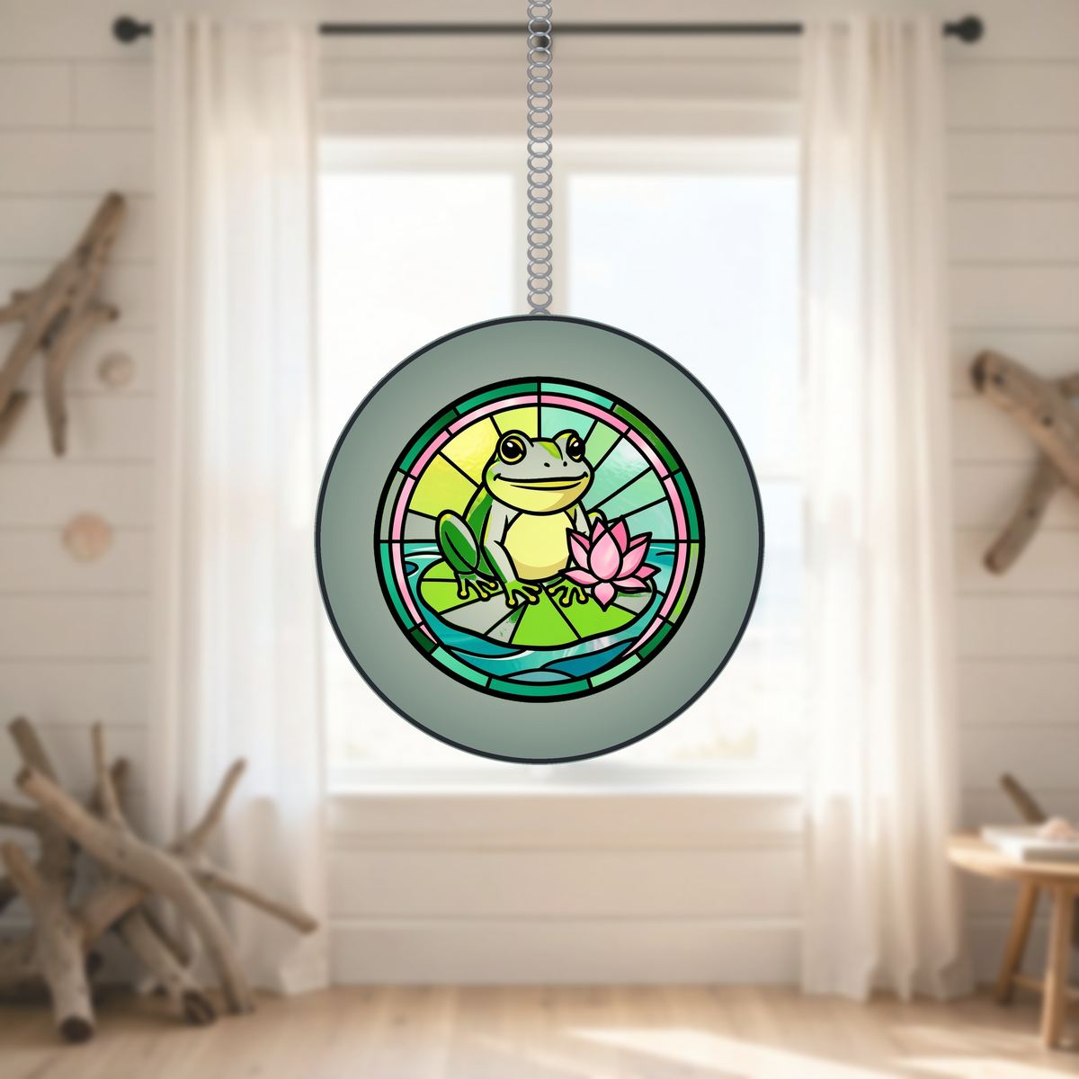 Frog Lily Pad Circle Stained Glass Suncatcher