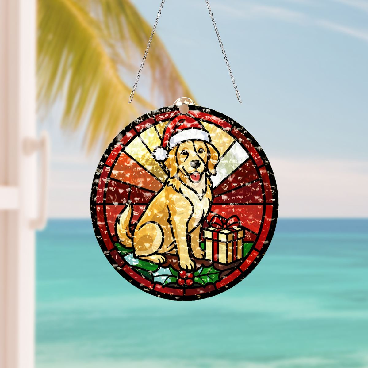 Christmas Dog Santa Hat Circle Water Ripple Suncatcher