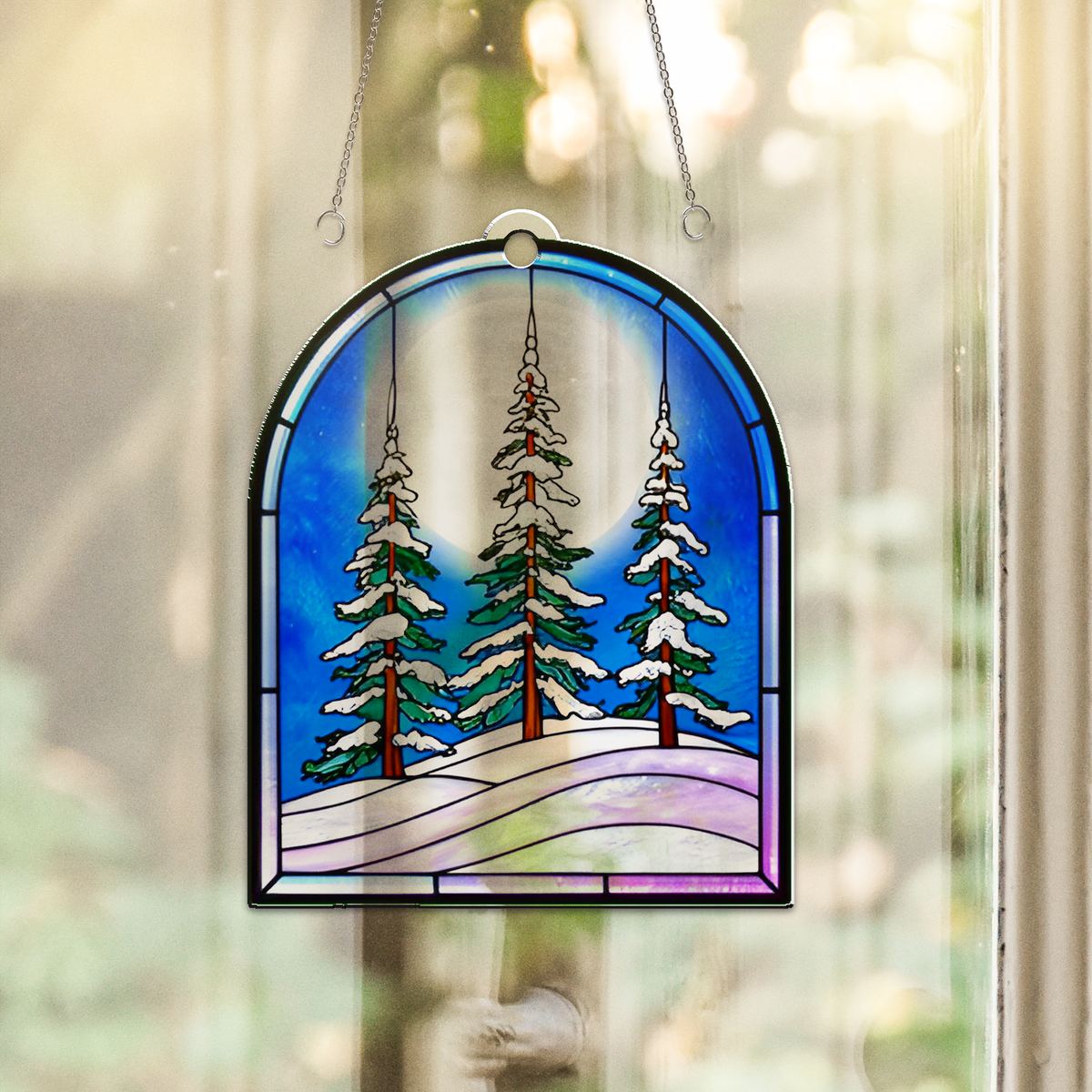 Snowy Evergreen Forest Arch Acrylic Suncatcher