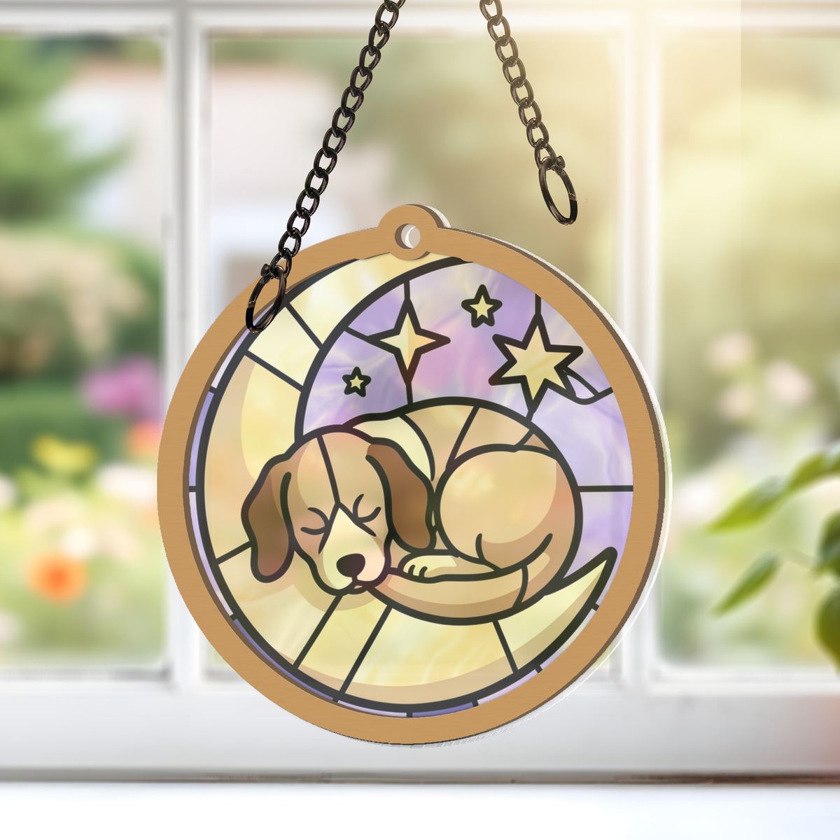 Sleeping Puppy Moon Circle Window Hanging Suncatcher