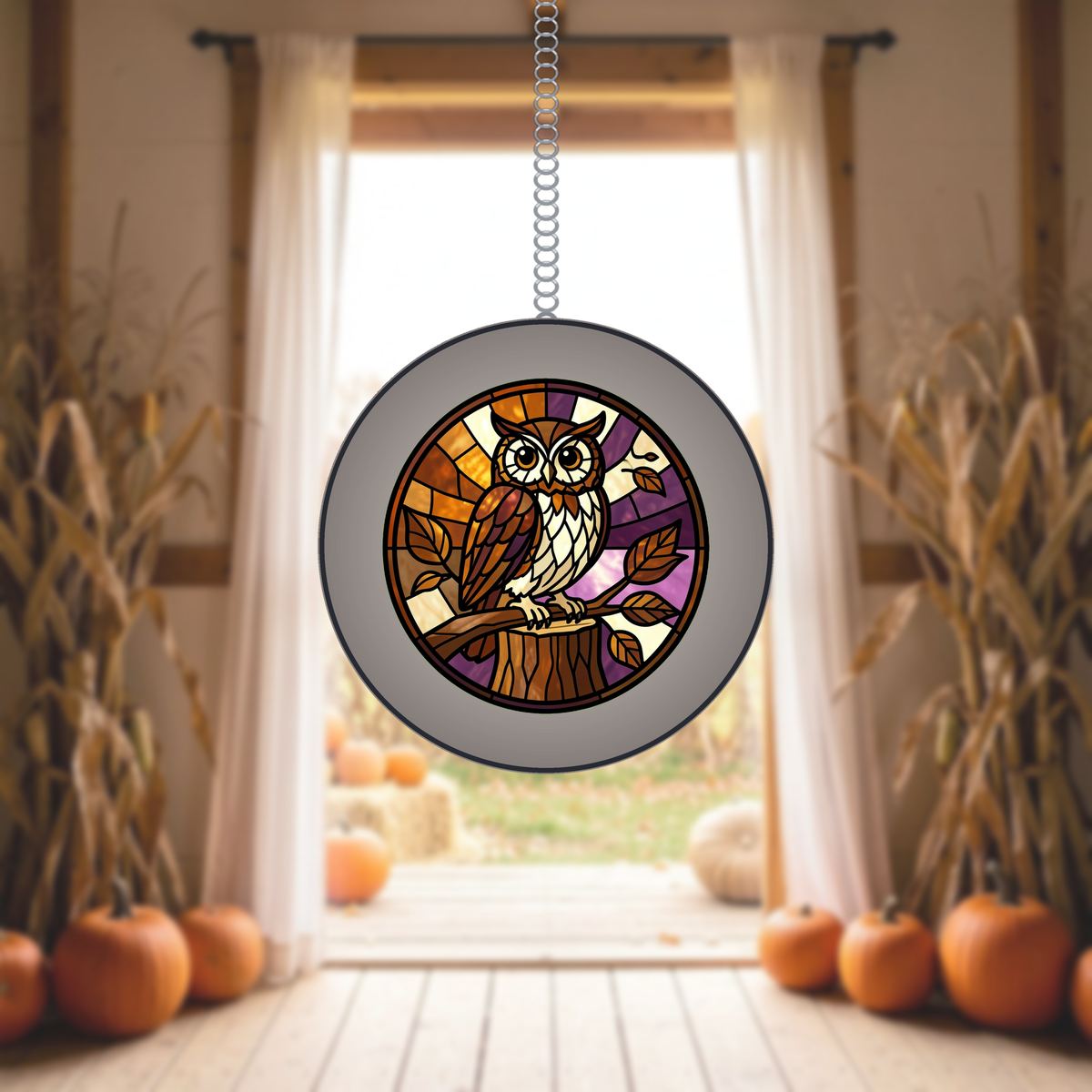 Autumn Owl Circle Stained Glass Suncatcher