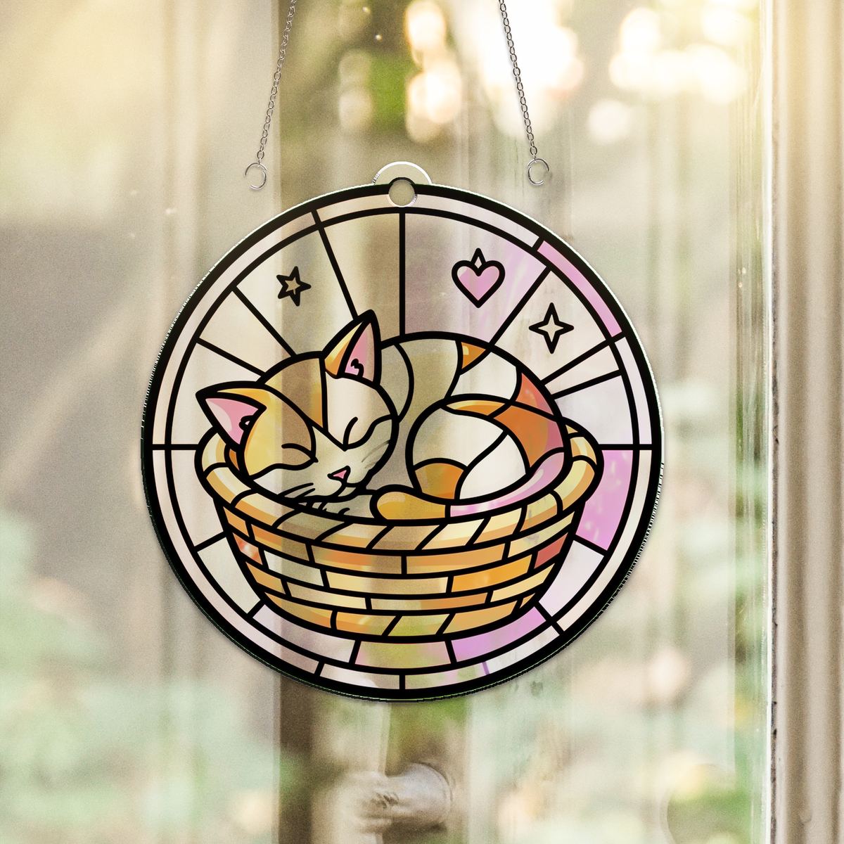 Sleeping Kitten Basket Circle Acrylic Suncatcher