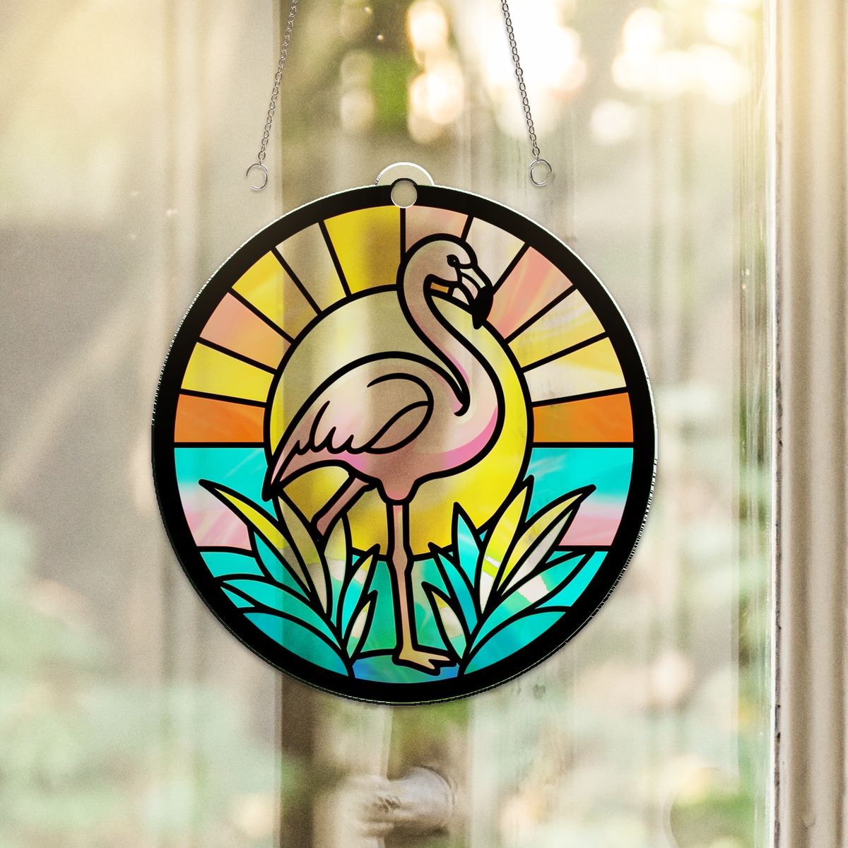 Pink Flamingo Sunset Circle Acrylic Suncatcher