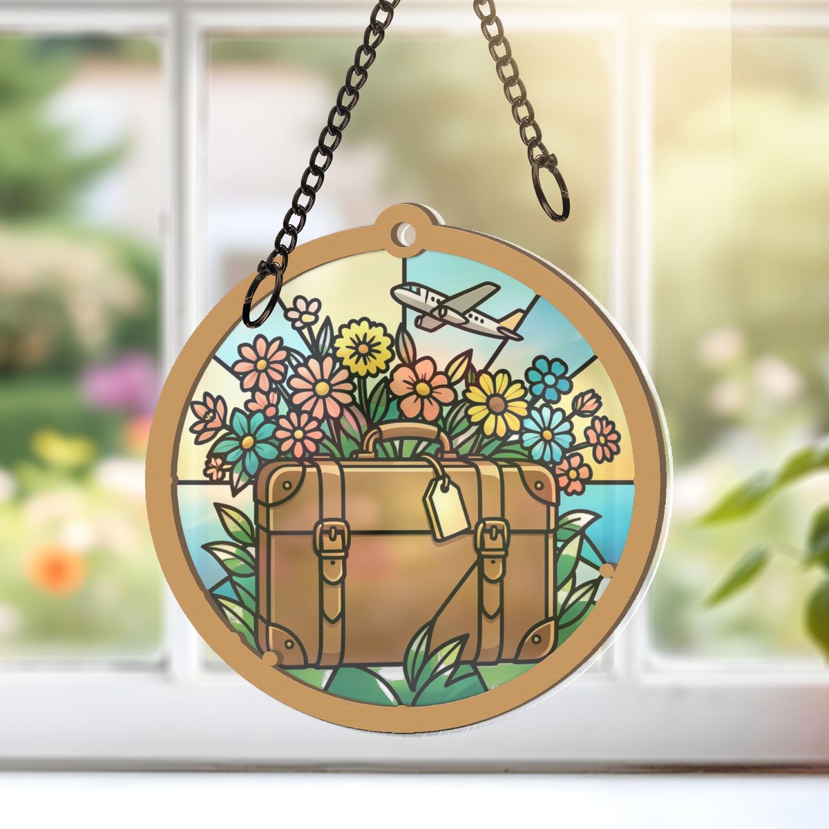 Vintage Suitcase Wildflowers Circle Window Hanging Suncatcher