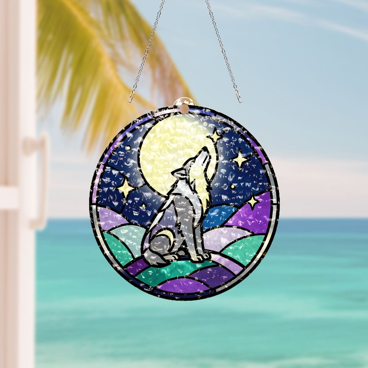 Howling Wolf Moon Circle Water Ripple Suncatcher