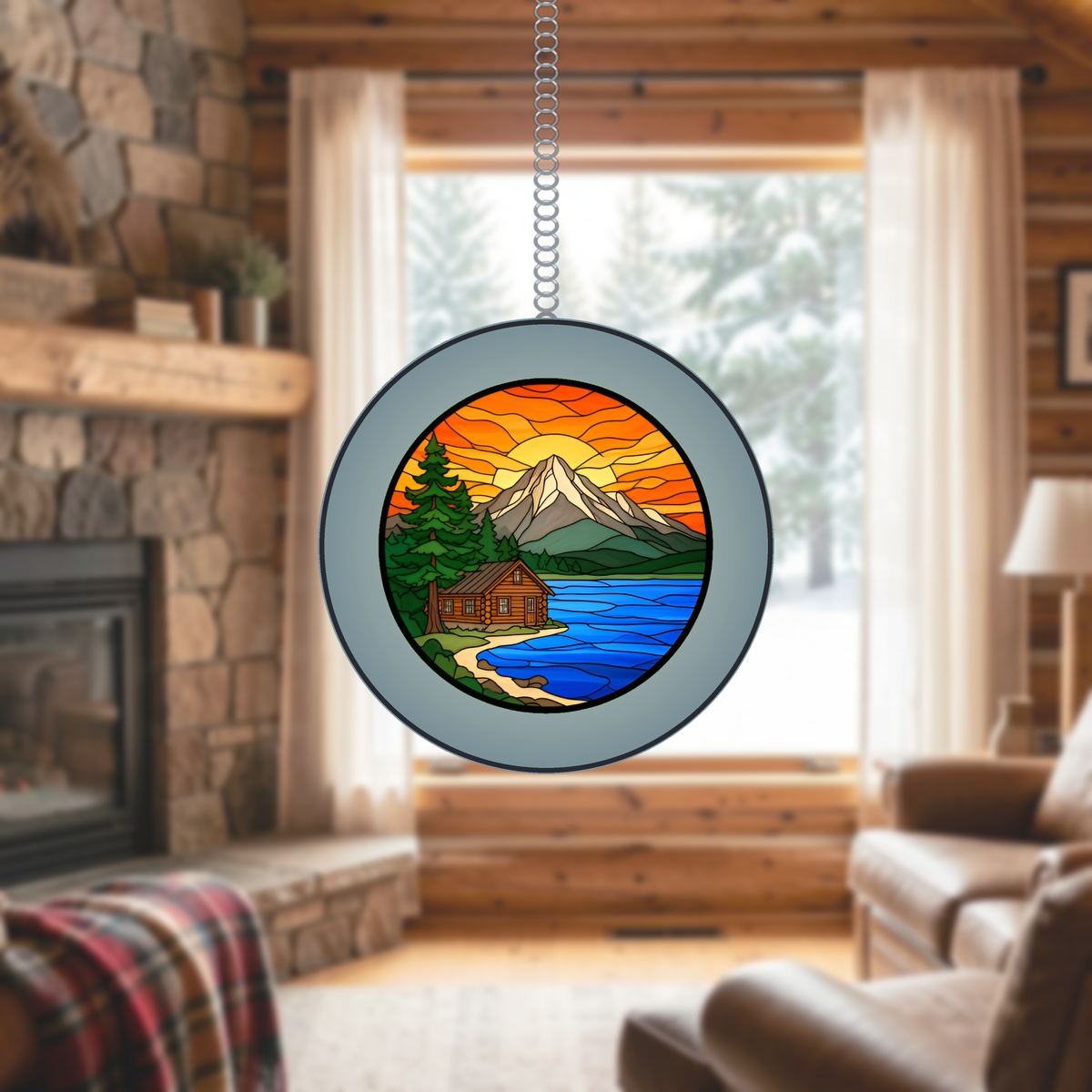 Cozy Cabin Lake Circle Stained Glass Suncatcher
