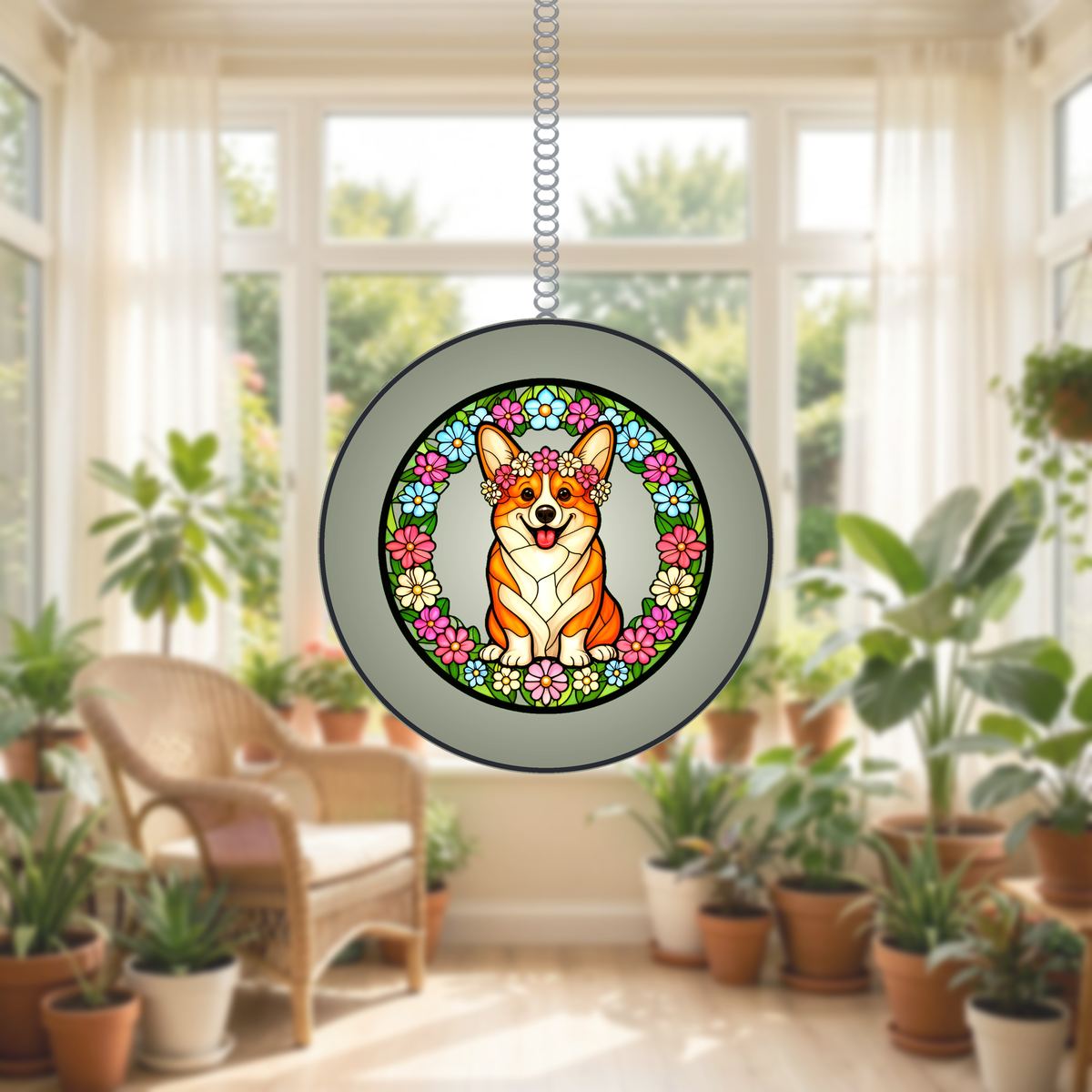 Corgi Wildflower Circle Stained Glass Suncatcher