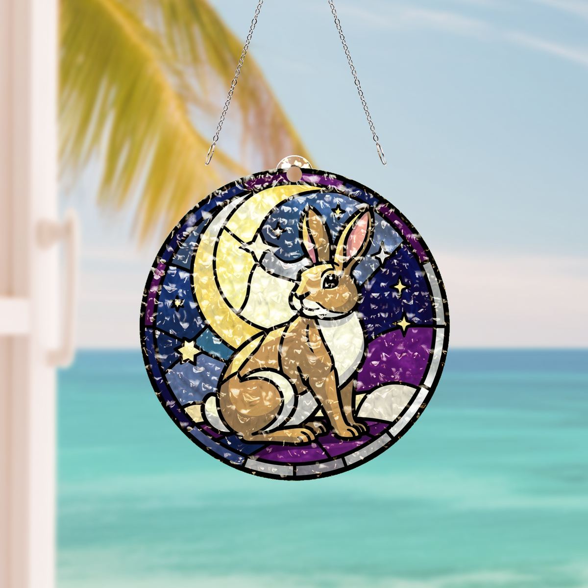 Moon Gazing Hare Circle Water Ripple Suncatcher