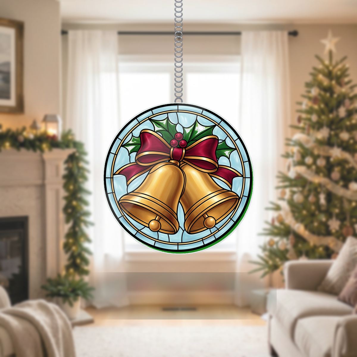 Silver Bells Holly Circle Wavy Acrylic Suncatcher Ornament