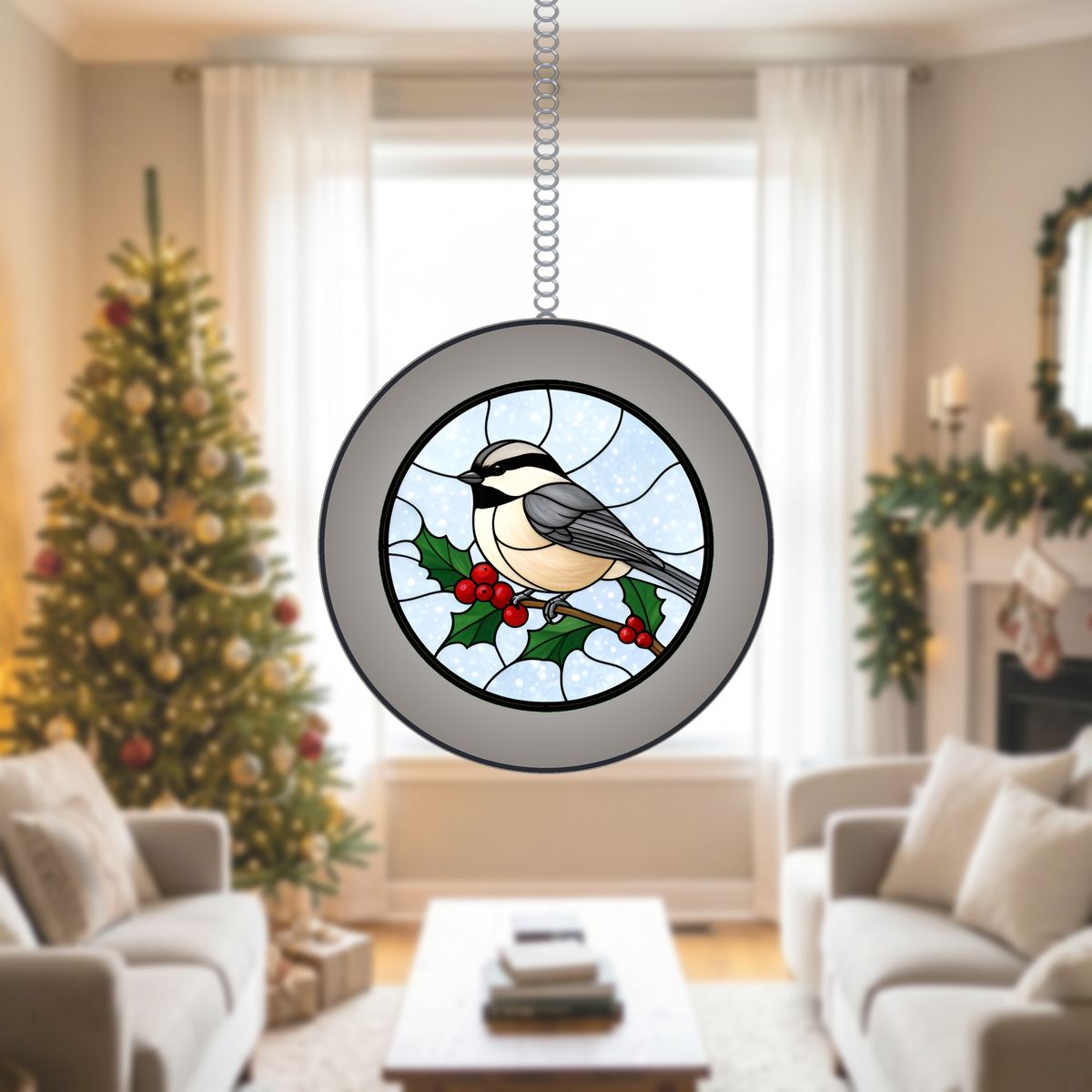 Holly Berry Chickadee Circle Stained Glass Suncatcher