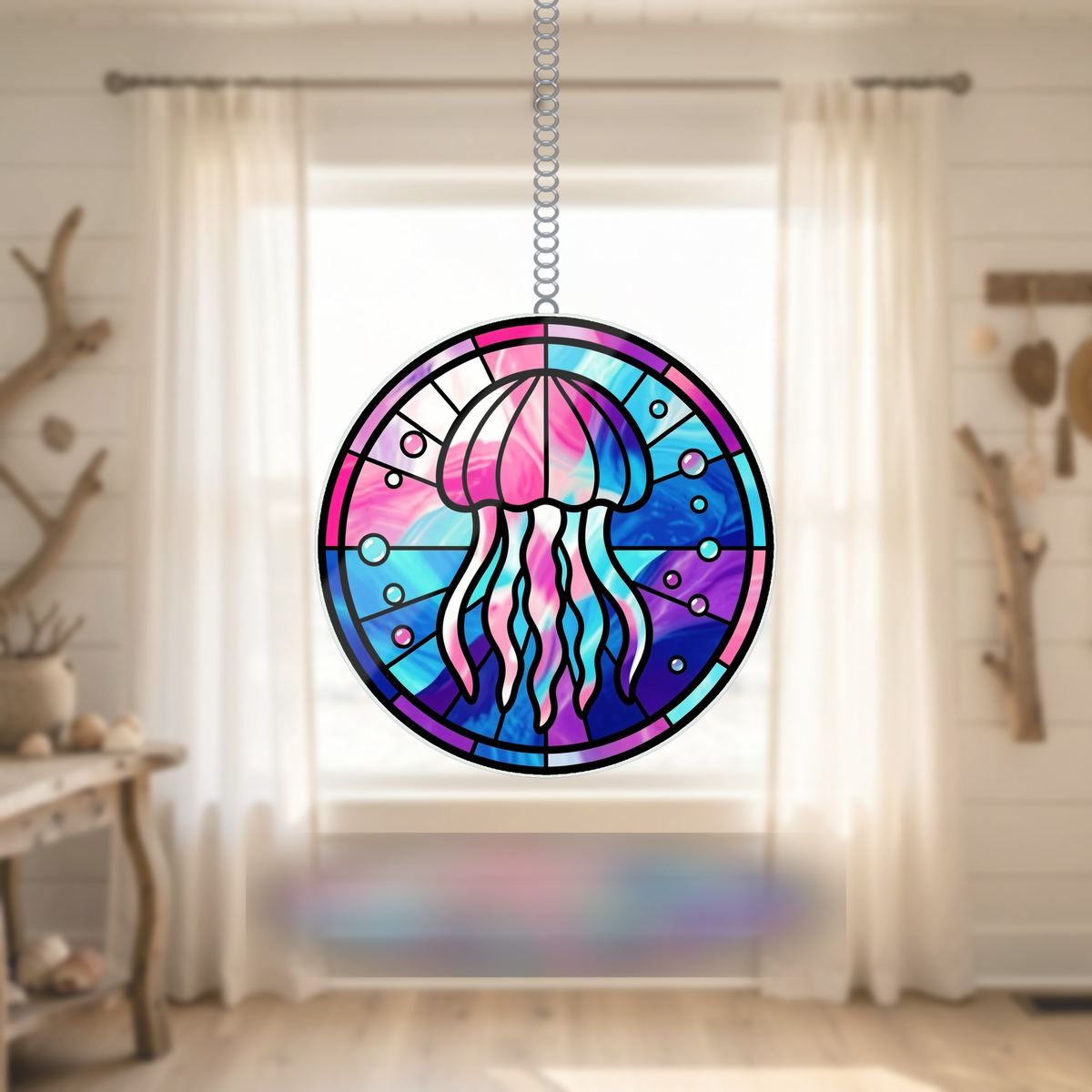 Jellyfish Glow Circle Wavy Acrylic Suncatcher Ornament