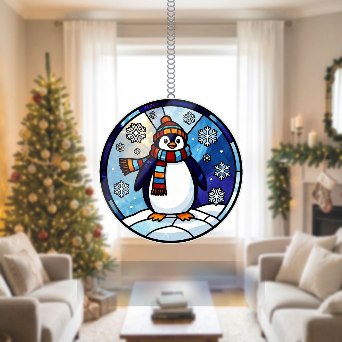 Winter Penguin Scarf Circle Wavy Acrylic Suncatcher Ornament