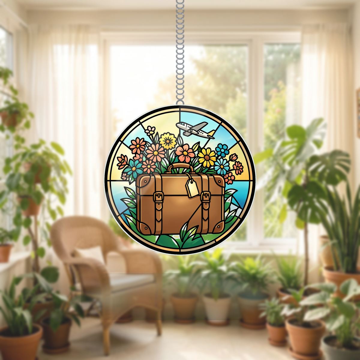 Vintage Suitcase Wildflowers Circle Wavy Acrylic Suncatcher Ornament