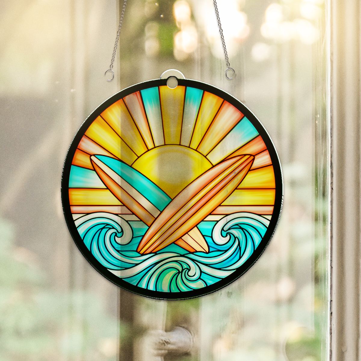 Surfboard Sunset Circle Acrylic Suncatcher