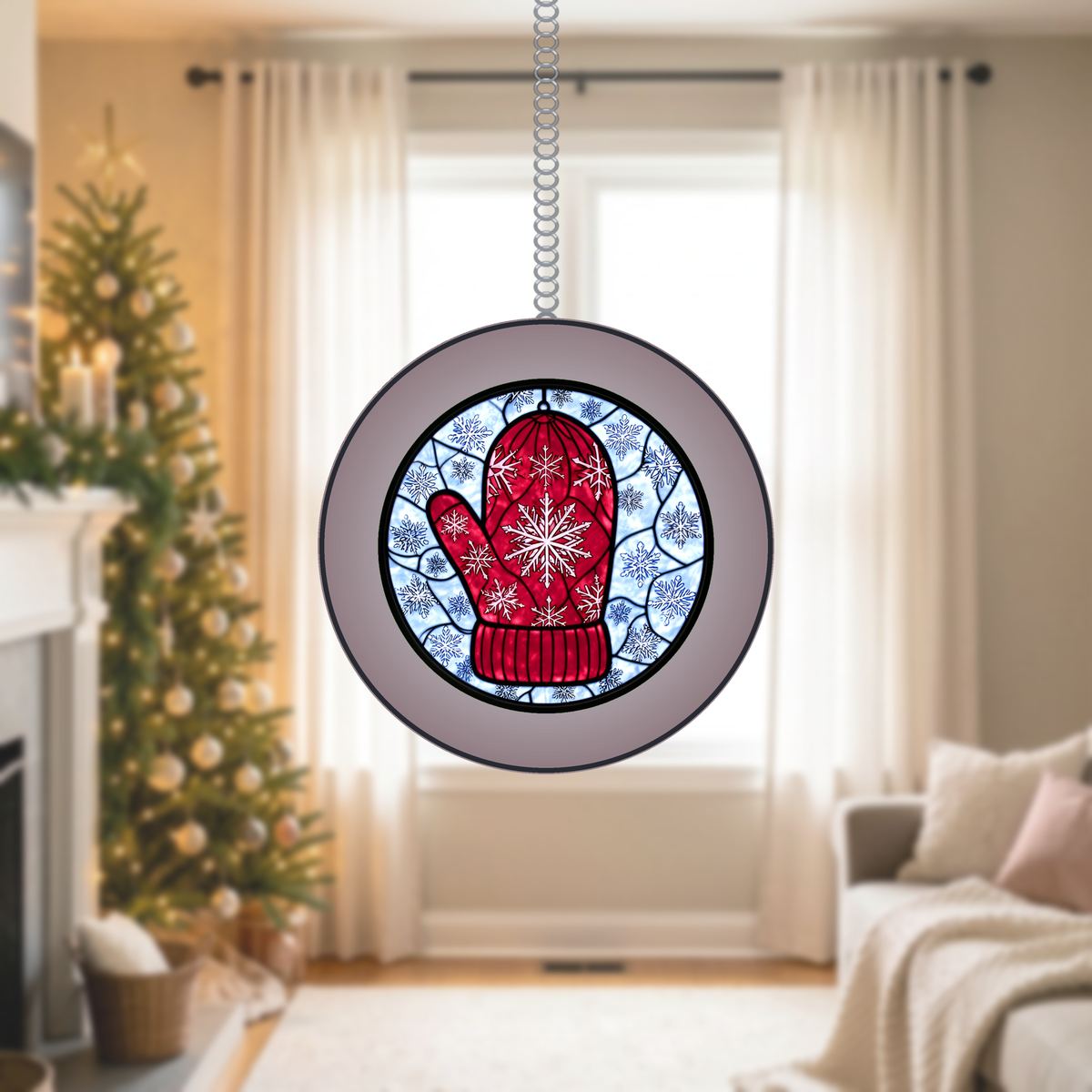 Knit Mitten Snowflake Circle Stained Glass Suncatcher