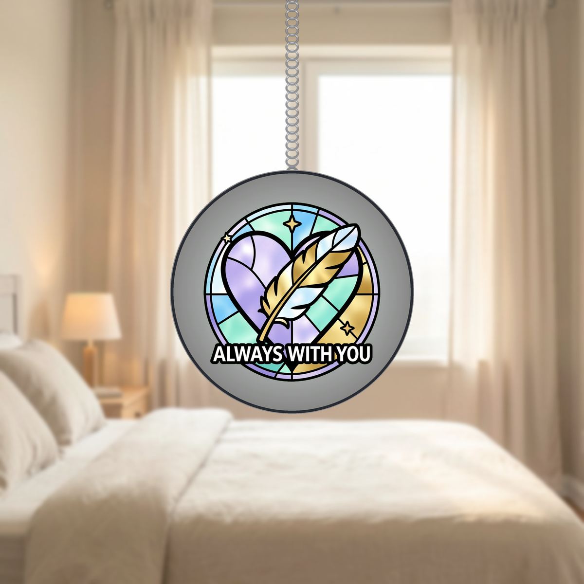 Feather Heart Remembrance Circle Stained Glass Suncatcher