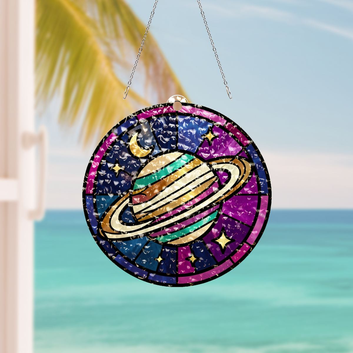 Ringed Planet Stars Circle Water Ripple Suncatcher