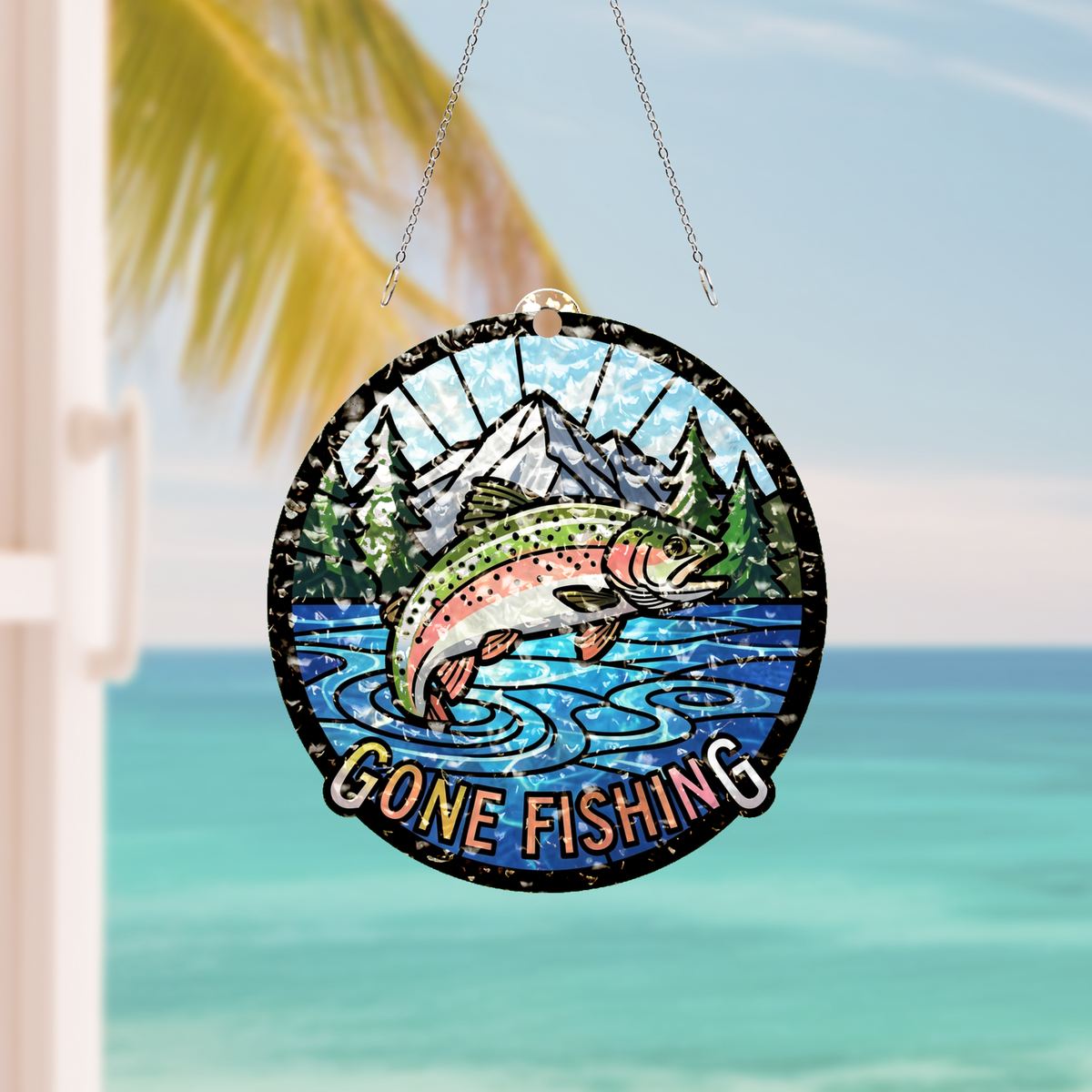Gone Fishing Trout Circle Water Ripple Suncatcher
