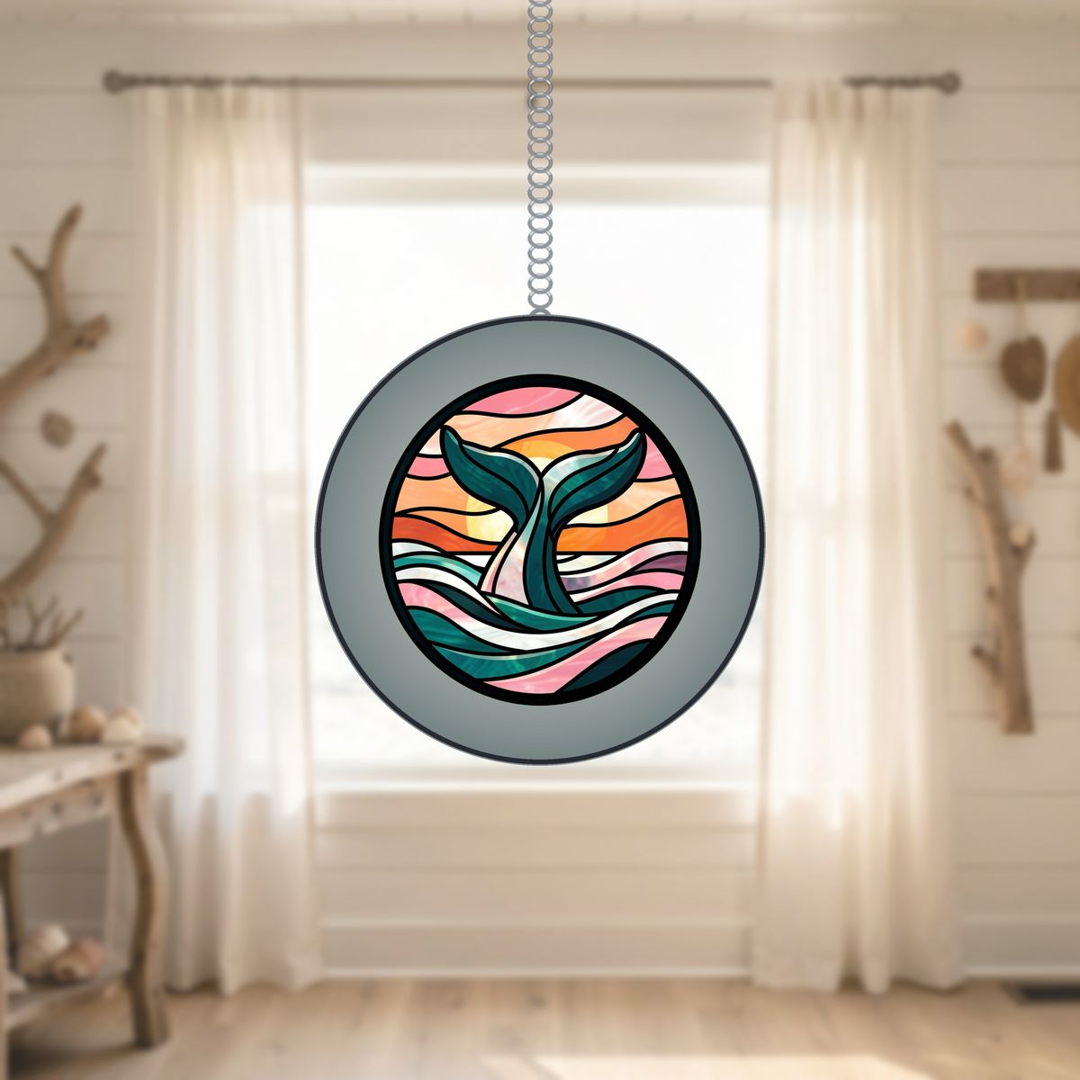 Humpback Whale Tail Circle Stained Glass Suncatcher