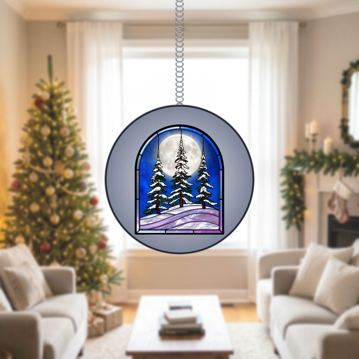 Snowy Evergreen Forest Arch Stained Glass Suncatcher