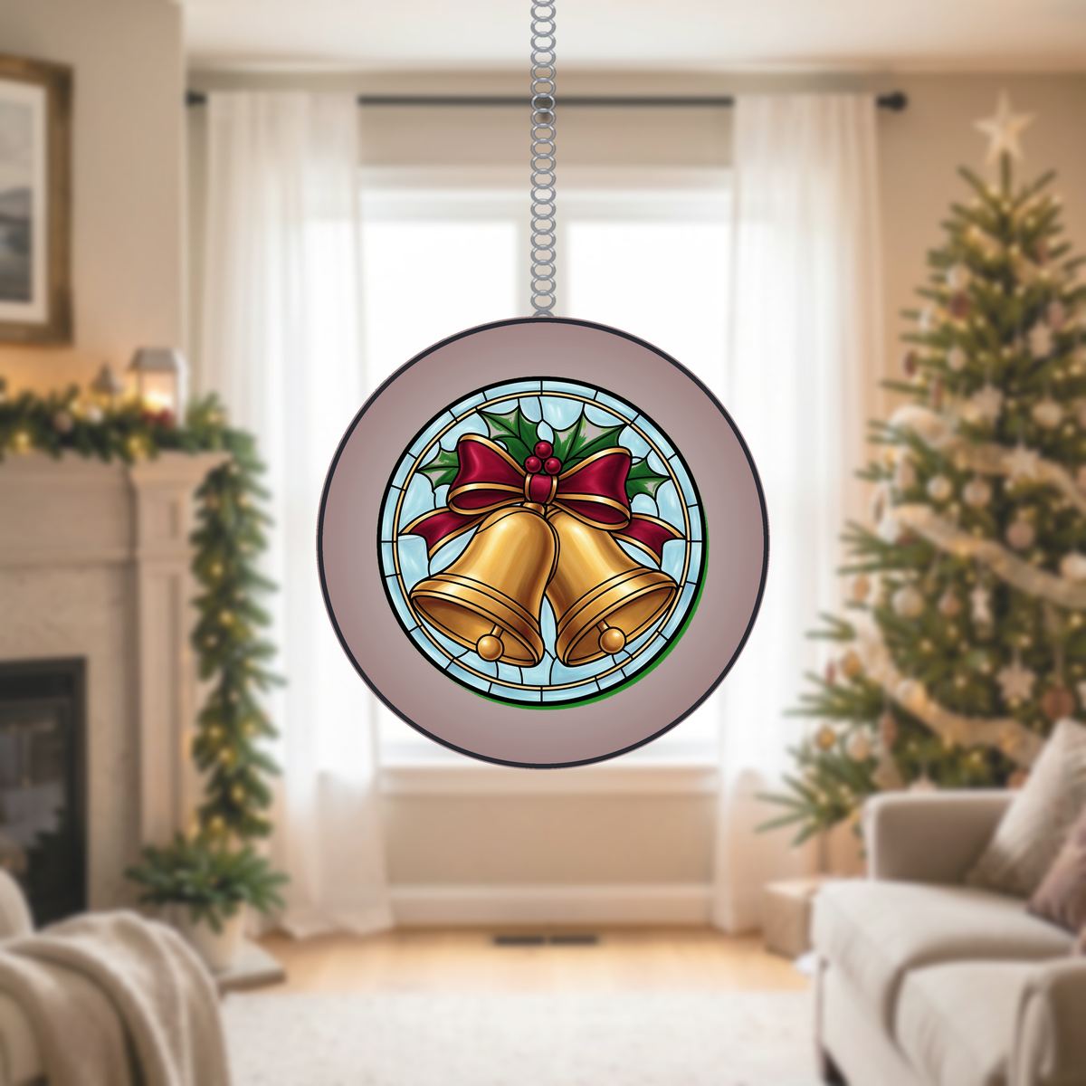 Silver Bells Holly Circle Stained Glass Suncatcher
