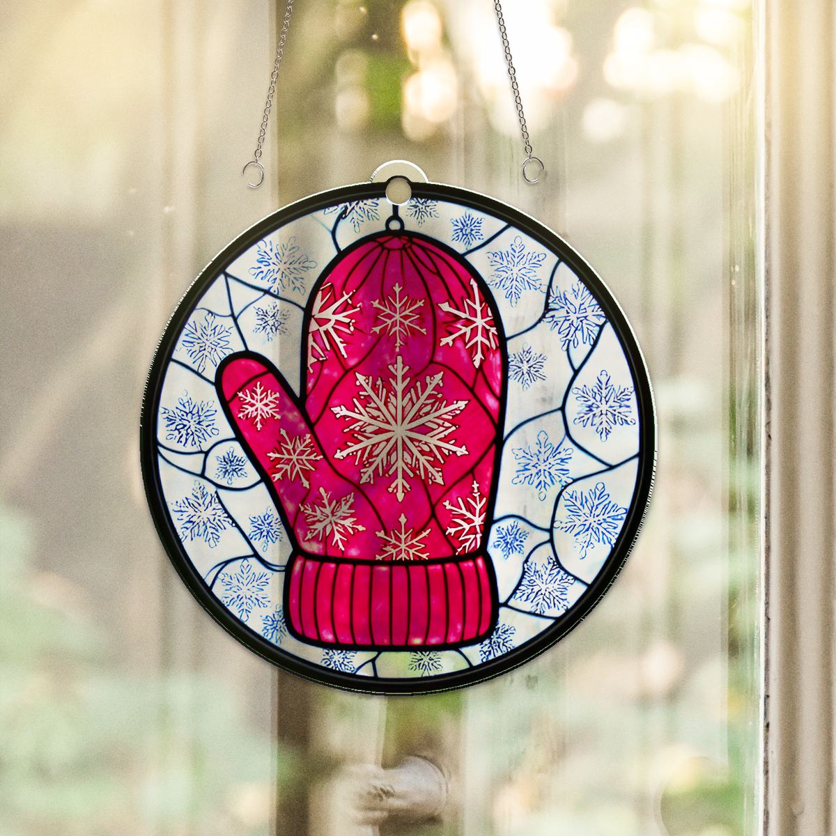 Knit Mitten Snowflake Circle Acrylic Suncatcher