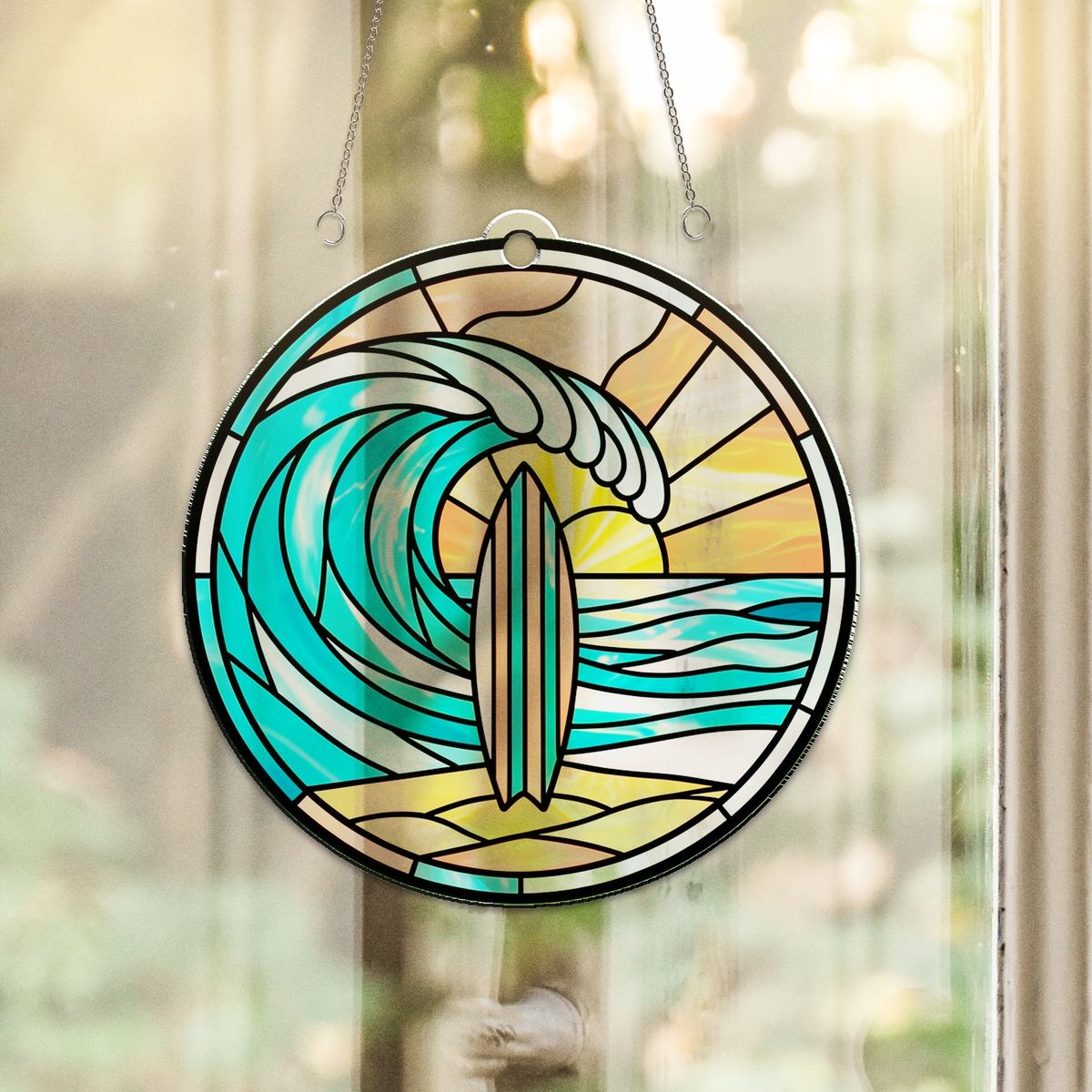 Surfboard Wave Circle Acrylic Suncatcher