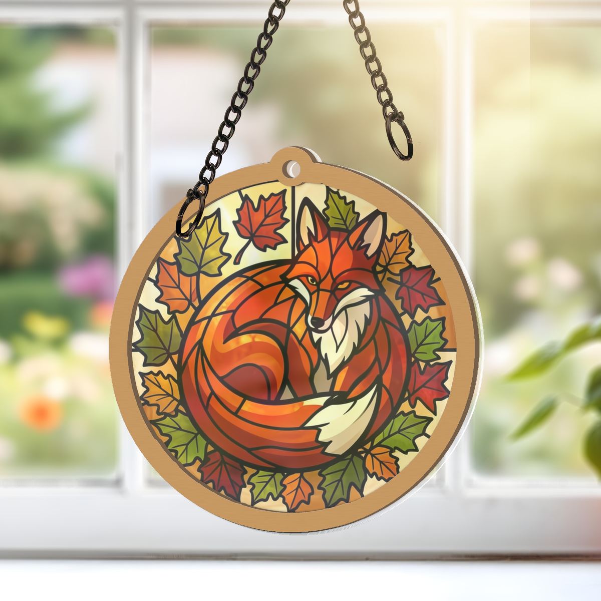 Autumn Fox Leaves Circle Window Hanging Suncatcher