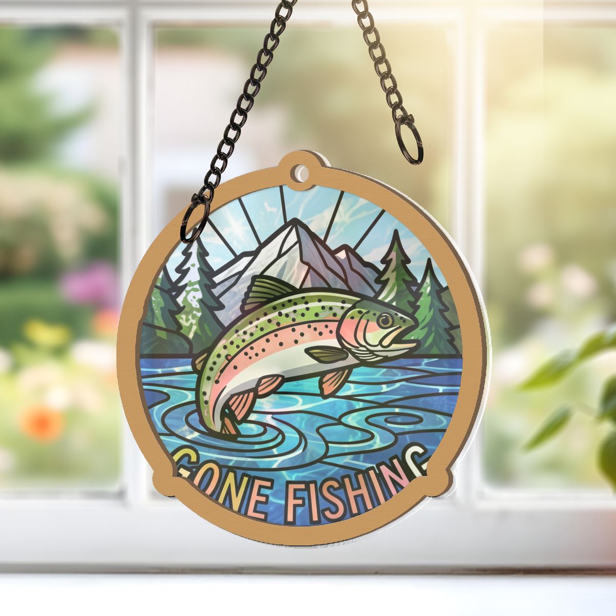 Gone Fishing Trout Circle Window Hanging Suncatcher