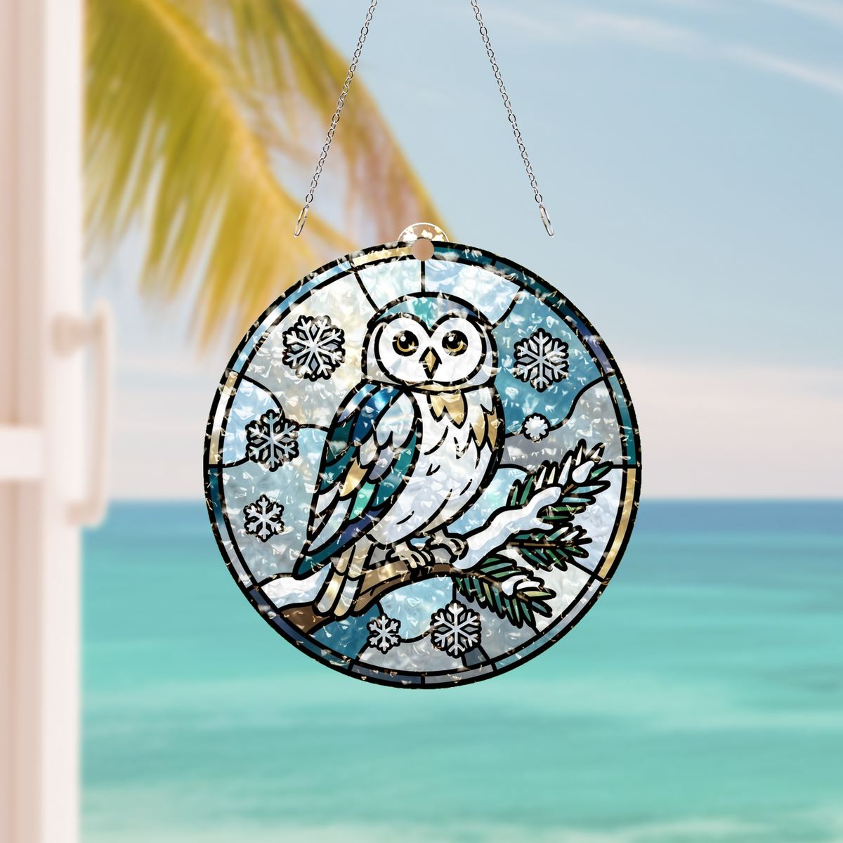 Snowy Owl Pine Circle Water Ripple Suncatcher