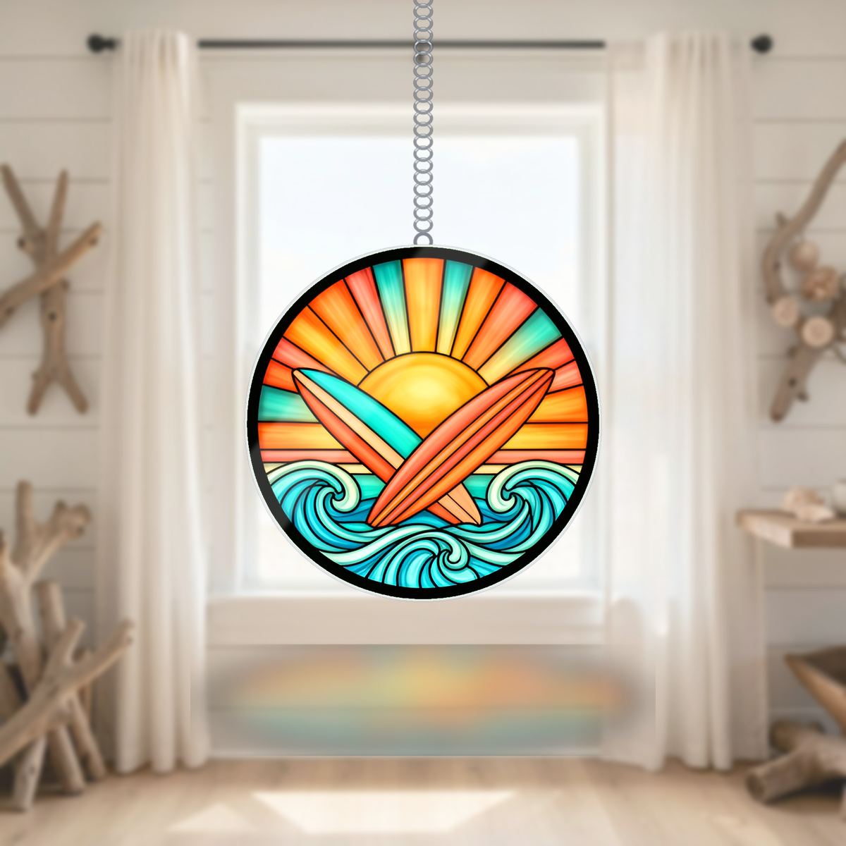 Surfboard Sunset Circle Wavy Acrylic Suncatcher Ornament