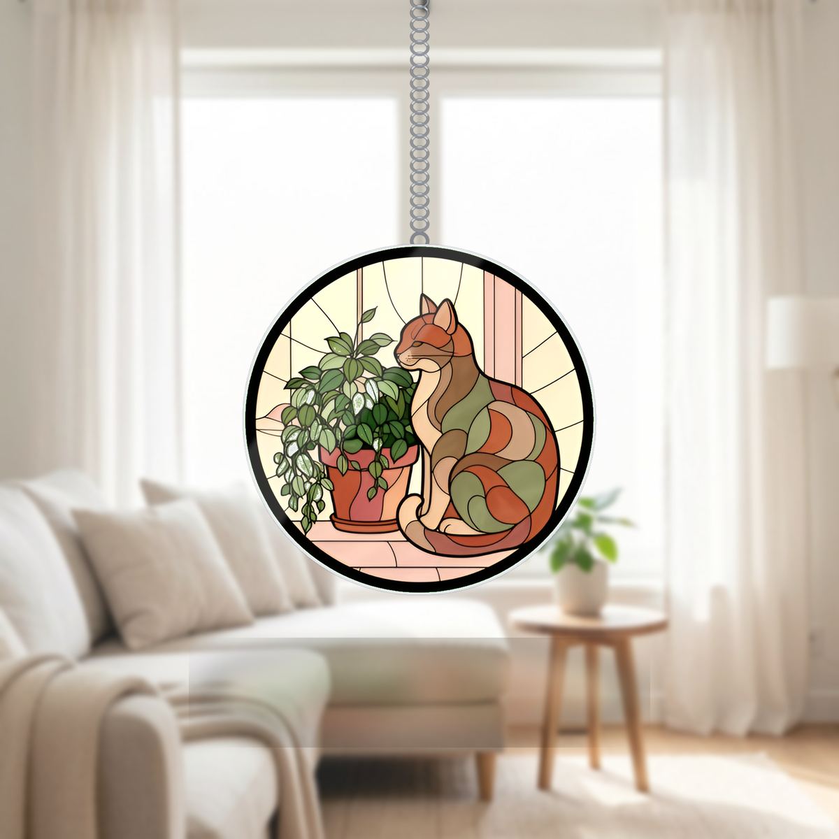 Cozy Cat Plant Window Wavy Acrylic Suncatcher Ornament