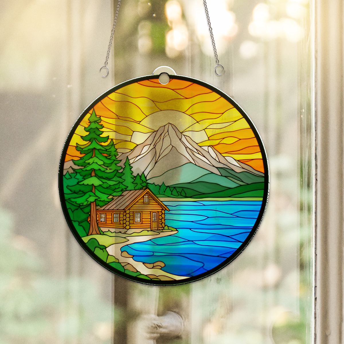 Cozy Cabin Lake Circle Acrylic Suncatcher