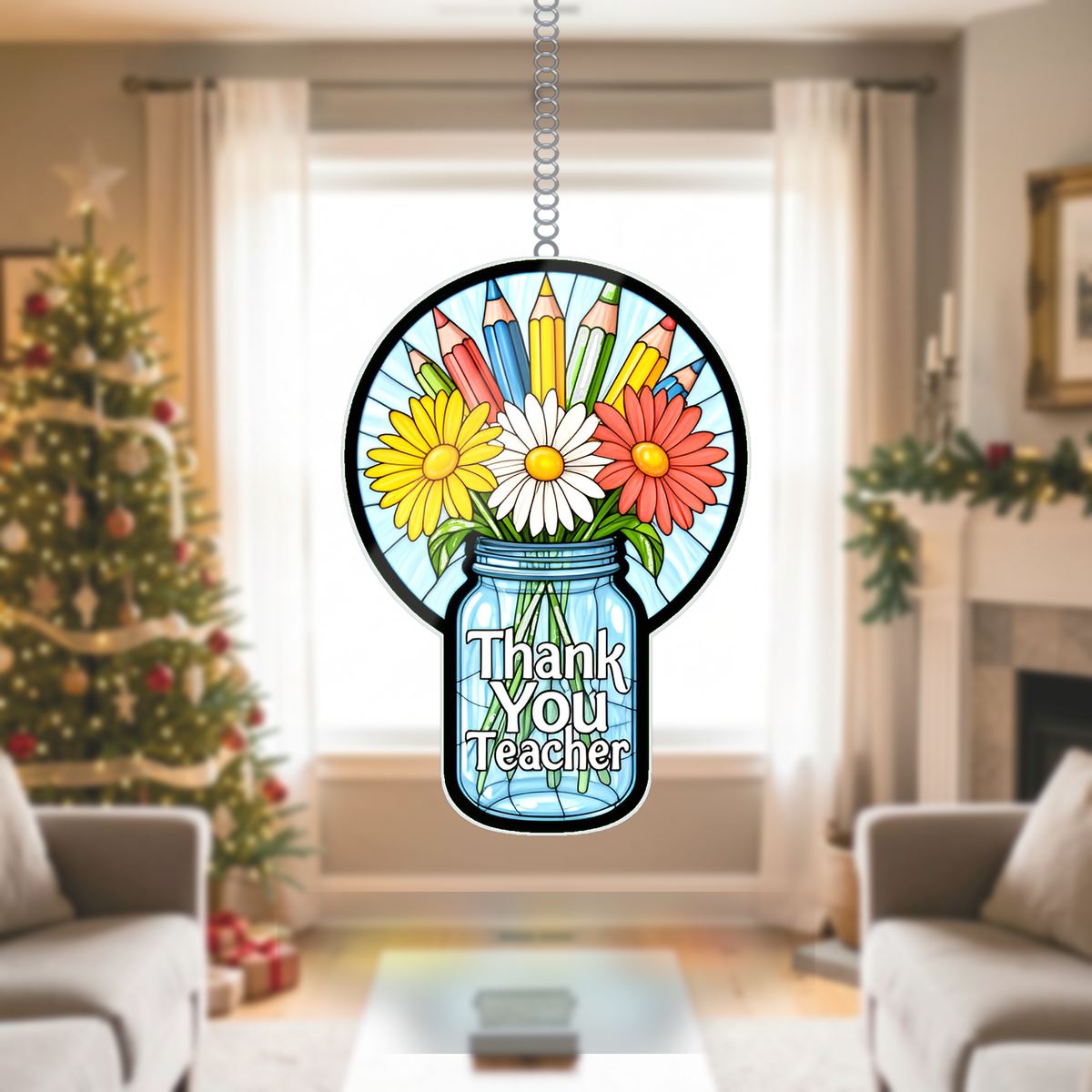 Teacher Flower Jar Circle Wavy Acrylic Suncatcher Ornament