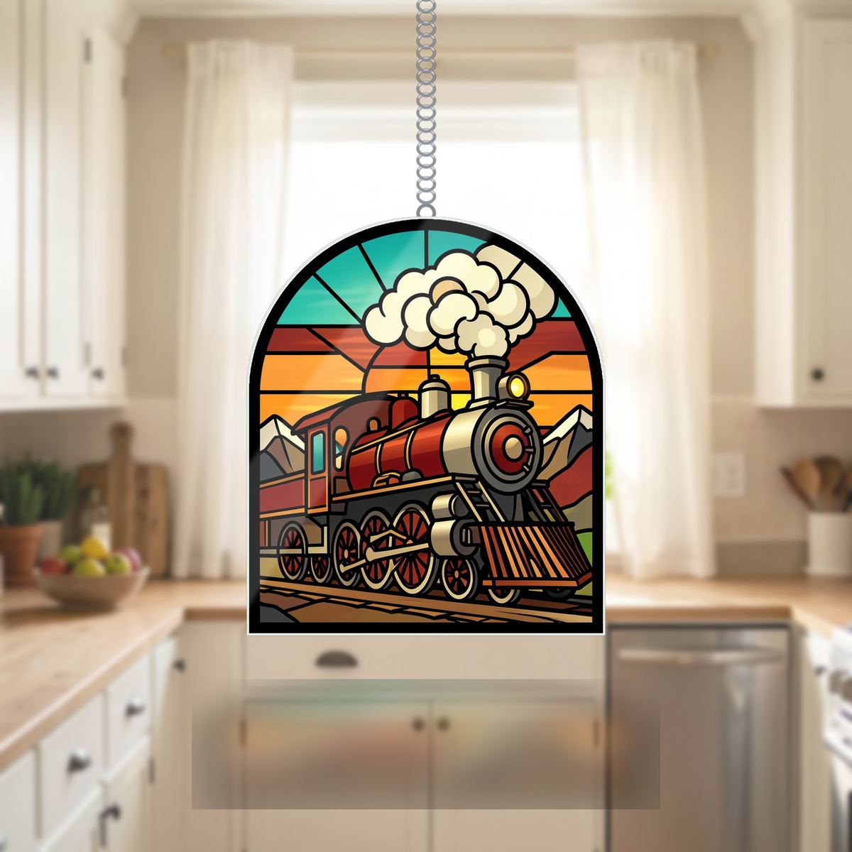 Steam Train Mountain Arch Wavy Acrylic Suncatcher Ornament