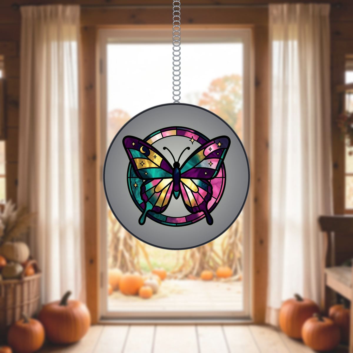 Celestial Butterfly Moon Circle Stained Glass Suncatcher