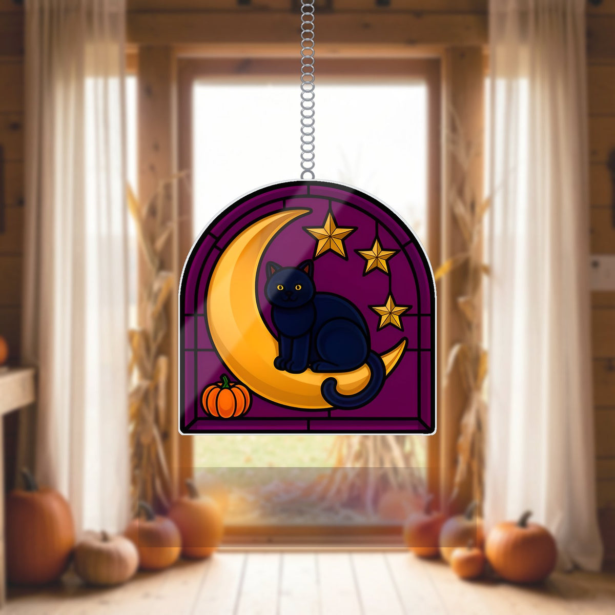 Black Cat Crescent Moon Acrylic Suncatcher