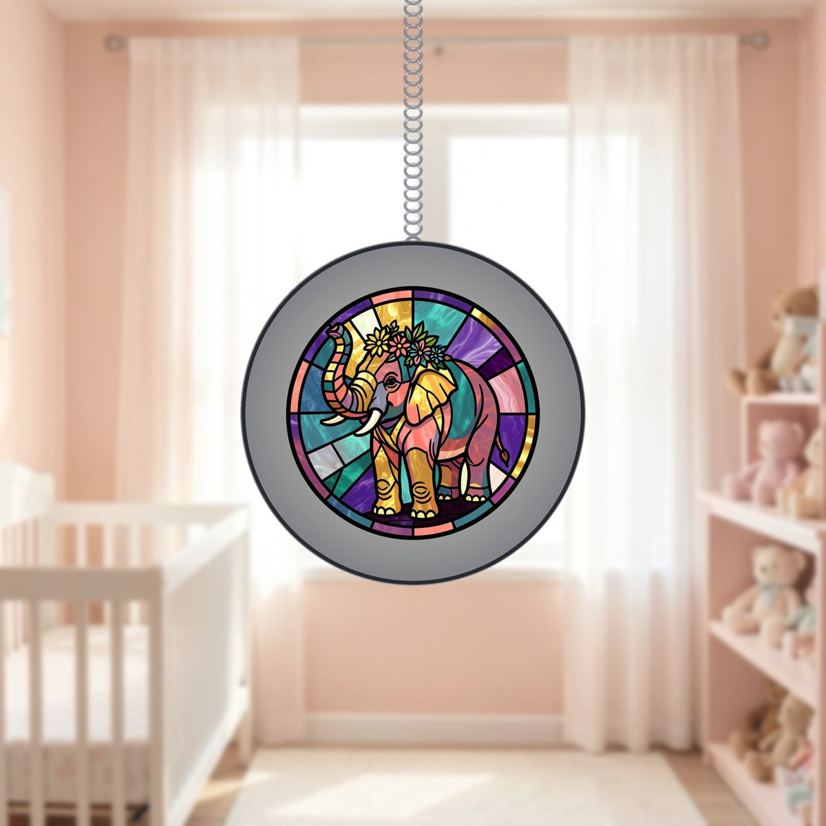 Elephant Wildflower Circle Stained Glass Suncatcher