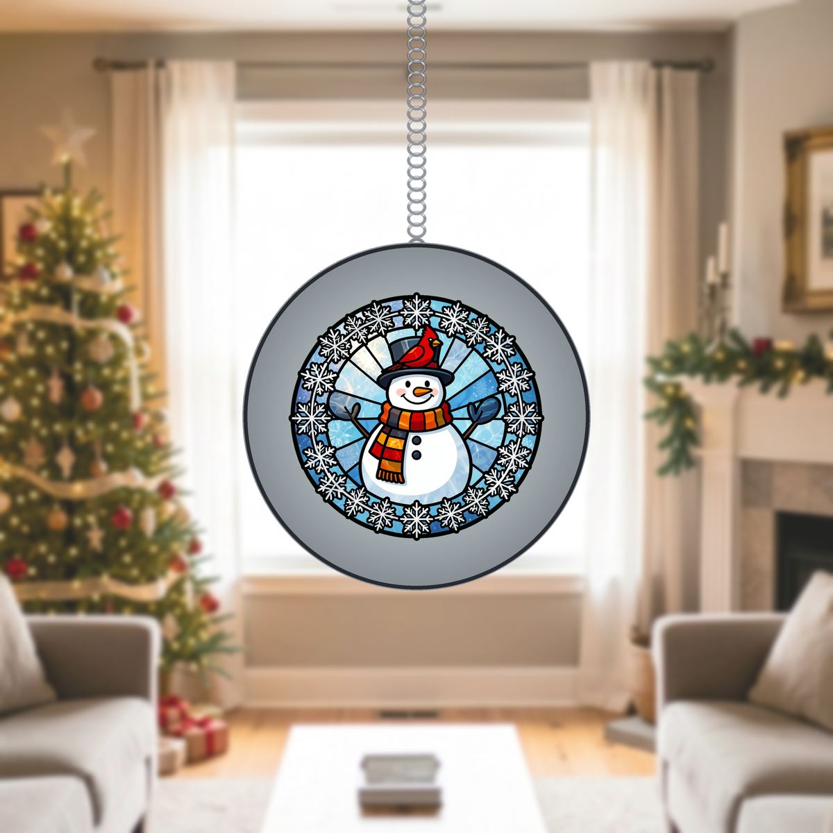 Snowman Cardinal Circle Stained Glass Suncatcher