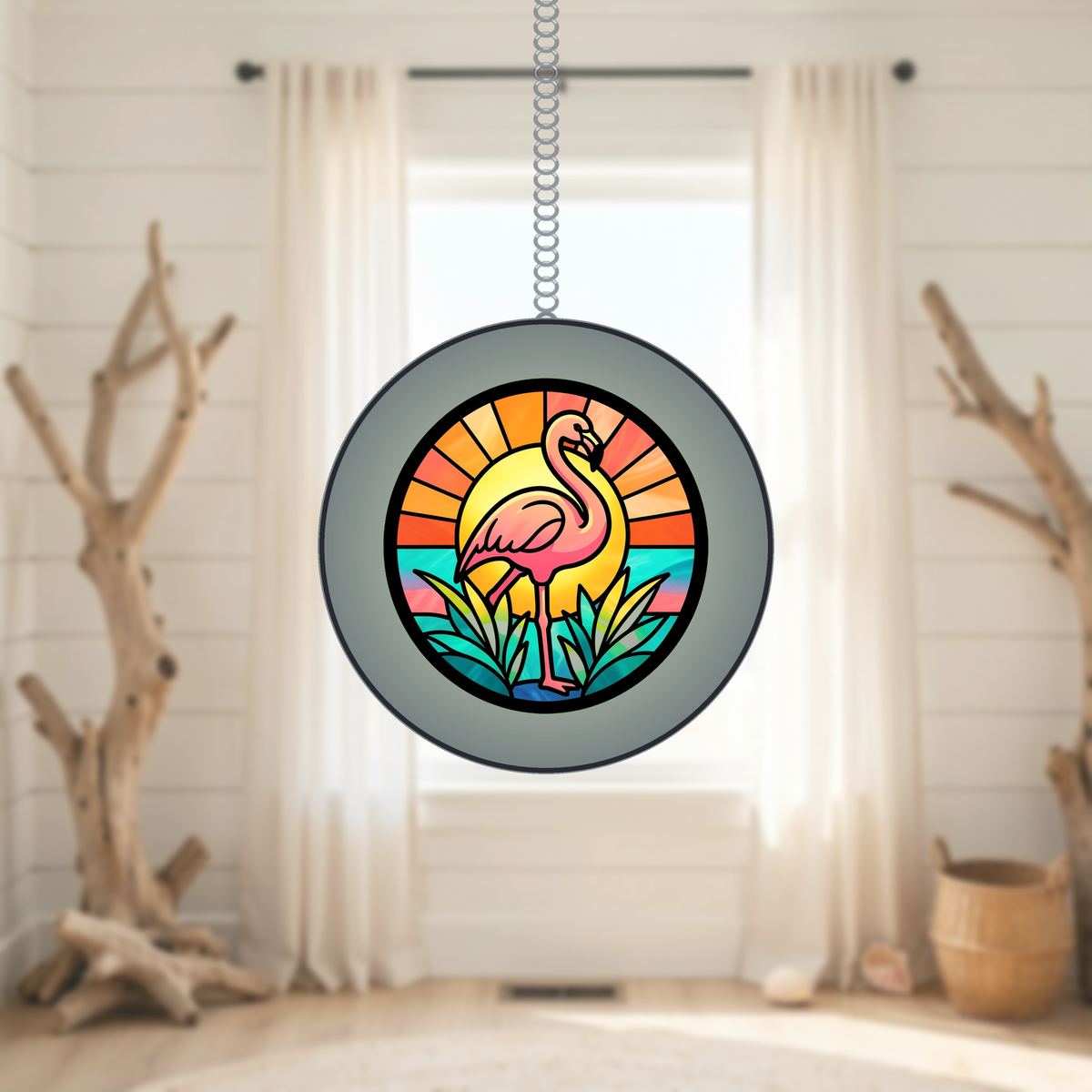 Pink Flamingo Sunset Circle Stained Glass Suncatcher